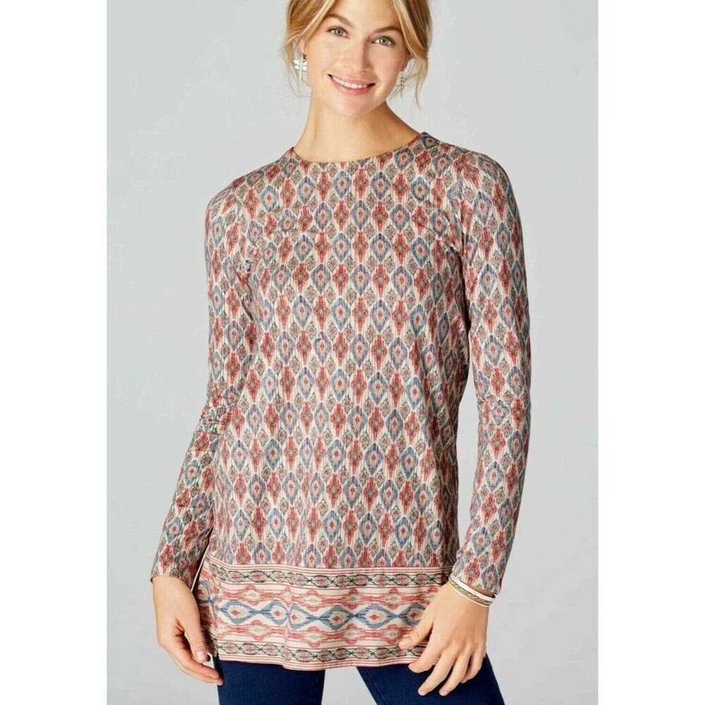 J Jill Luxe Supima Cotton Forward Seam Tunic Top PL Geometric Print Border Aztec